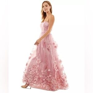 BCX Juniors' 3D Floral Ruched Strapless Gown, evening dress size 3 pink New